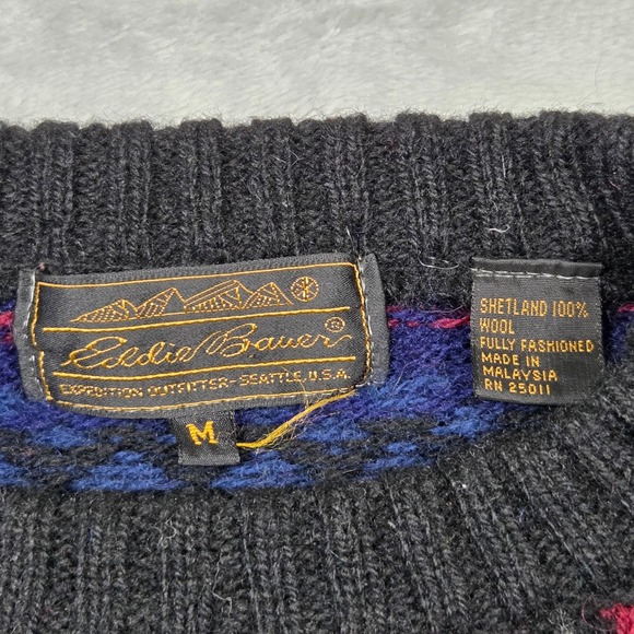 Vintage Eddie Bauer Sweater Mens M Shetland Wool Fair Isle Nordic Gorpcore Hiker - Picture 5 of 5